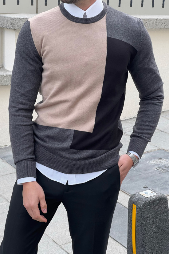 Nazef Dar Kesim Bisiklet Yaka Desenli Antrasit Triko Kazak