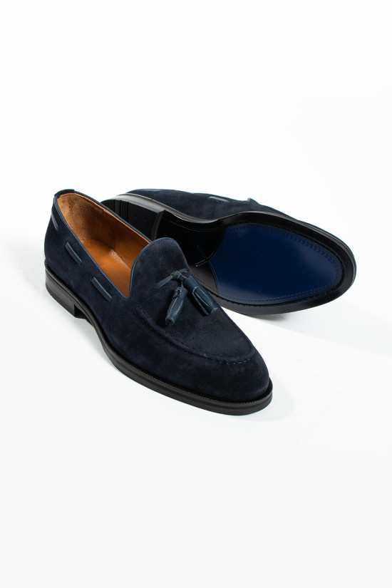 Nazef Özel Tasarım Neolit Taban Dana Astar Püsküllü Süet Deri Lacivert Loafer Ayakkabı