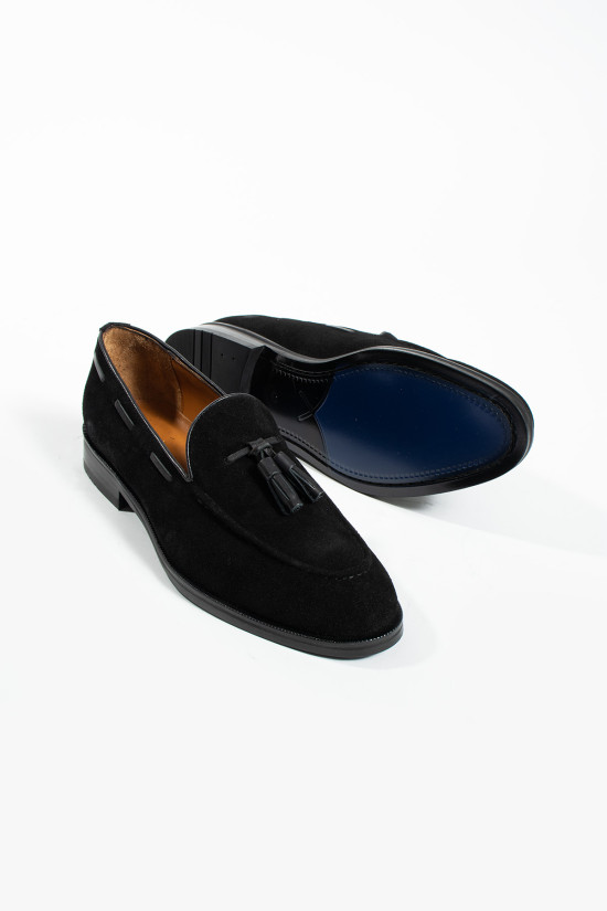 Nazef Özel Tasarım Neolit Taban Dana Astar Püsküllü Süet Deri Siyah Loafer Ayakkabı