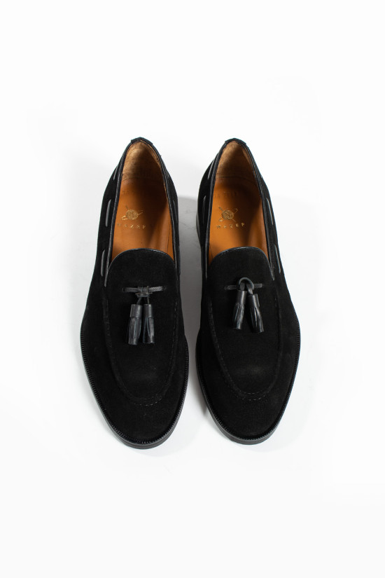 Nazef Özel Tasarım Neolit Taban Dana Astar Püsküllü Süet Deri Siyah Loafer Ayakkabı