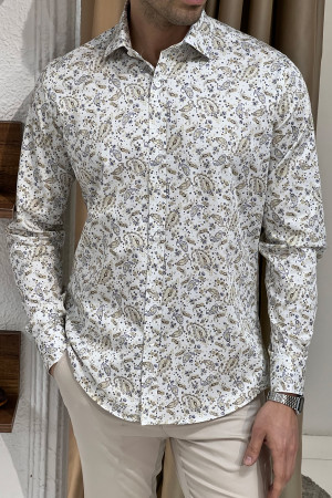 Nazef  Yüksek Kalite Digital Baskı Regular Fit Bej Pamuk Gömlek 