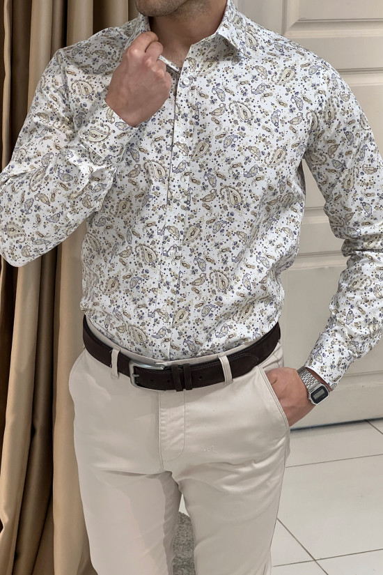 Nazef  Yüksek Kalite Digital Baskı Regular Fit Bej Pamuk Gömlek 