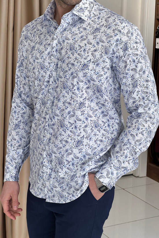 Nazef Yüksek Kalite Digital Baskı Regular Fit Beyaz&Mavi Pamuk Gömlek 