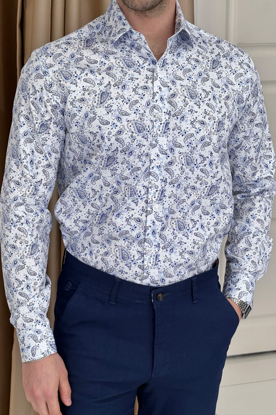 Nazef Yüksek Kalite Digital Baskı Regular Fit Beyaz&Mavi Pamuk Gömlek 