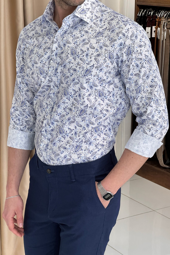 Nazef Yüksek Kalite Digital Baskı Regular Fit Beyaz&Mavi Pamuk Gömlek 