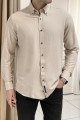 Nazef Regular Fit Düğme Yaka Gofre Bej Pamuk Gömlek 