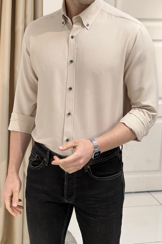 Nazef Regular Fit Düğme Yaka Gofre Bej Pamuk Gömlek 