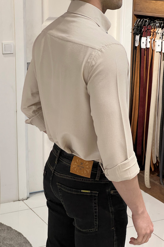 Nazef Regular Fit Düğme Yaka Gofre Bej Pamuk Gömlek 