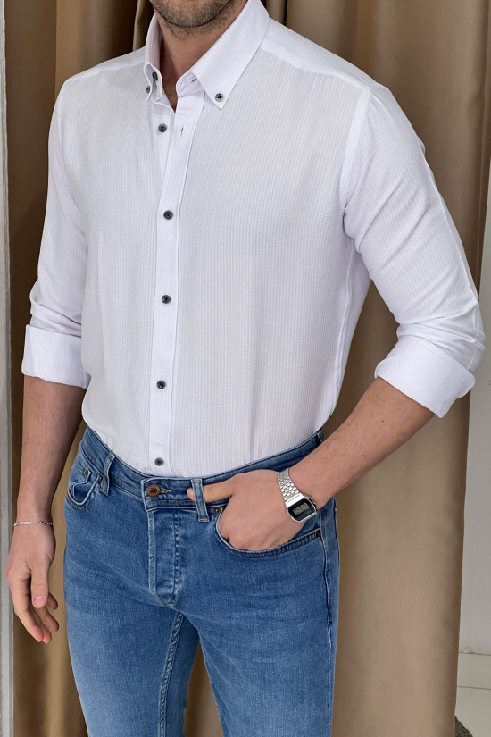 Nazef Regular Fit Düğme Yaka Gofre Beyaz Pamuk Gömlek 