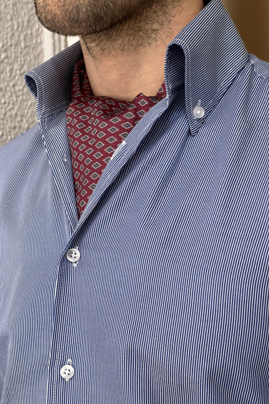 Nazef Dar Kesim Özel Üretim İtalyan Düğme Yaka Çizgili %100 Pamuk Lacivert Gömlek 