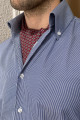 Nazef Dar Kesim Özel Üretim İtalyan Düğme Yaka Çizgili %100 Pamuk Lacivert Gömlek 