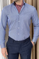 Nazef Dar Kesim Özel Üretim İtalyan Düğme Yaka Çizgili %100 Pamuk Lacivert Gömlek 