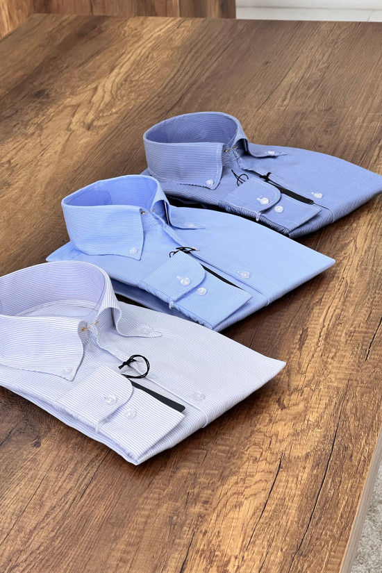 Nazef Dar Kesim Özel Üretim İtalyan Düğme Yaka Çizgili %100 Pamuk Lacivert Gömlek 