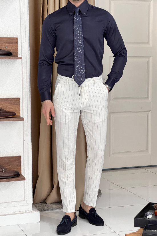 Nazef Dar Kesim Özel Üretim Klasik Düğme Yaka Lacivert Pamuk Gömlek 