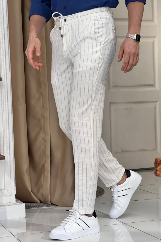 Nazef Dar Kesim Gofre Kumaş Çizgili Beyaz Jogger Pantolon 