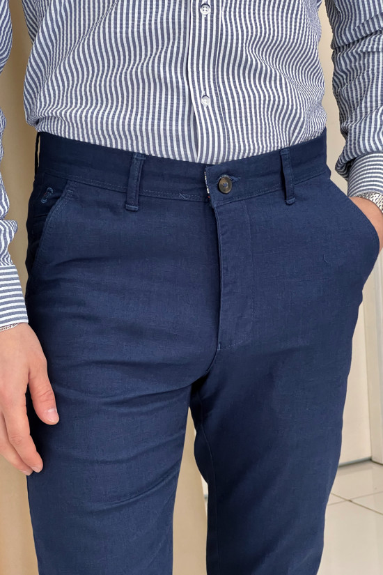 Nazef Dar Kesim Yandan Cepli Yazlık Lacivert Keten Pantolon 