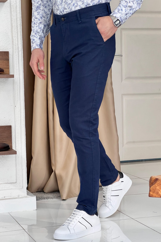 Nazef Dar Kesim Yandan Cepli Yazlık Lacivert Keten Pantolon 