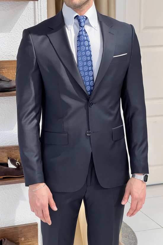Nazef Dar Kesim Mono Yaka %44 Üstün İpek Yünü Lacivert Takım Elbise