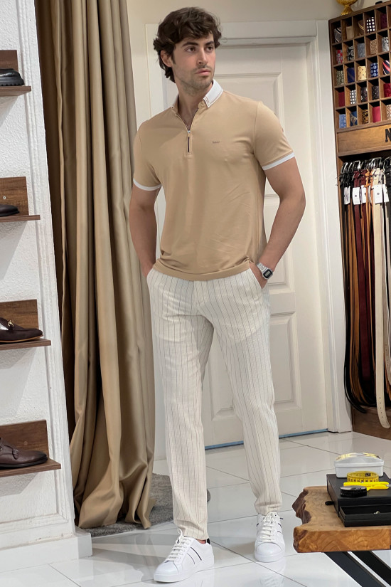 Nazef Dar Kesim Triko Yaka Fermuarlı Kısa Kollu Pamuk Bej T-Shirt 