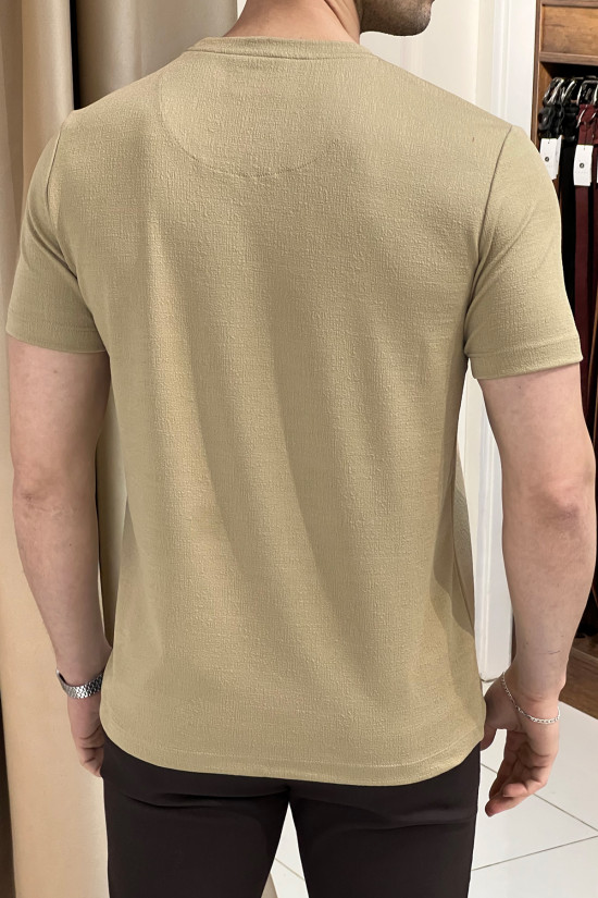 Nazef Dar Kesim Likralı Bisiklet Yaka Kısa Kollu Bej T-Shirt 