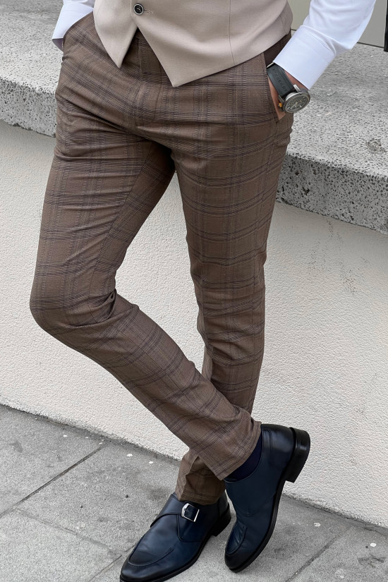 Yüksek Kalite Dar Kesim Yan Cep Ekose Erkek Kahverengi Kumaş Pantolon