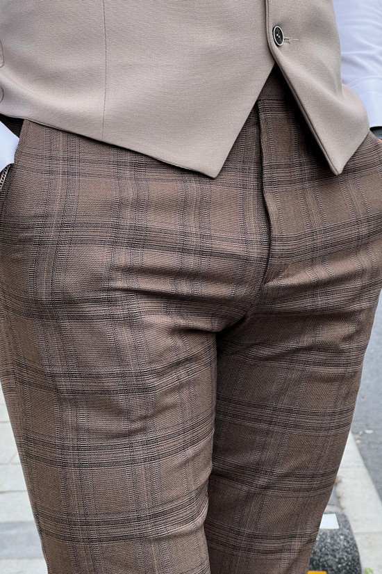 Yüksek Kalite Dar Kesim Yan Cep Ekose Erkek Kahverengi Kumaş Pantolon