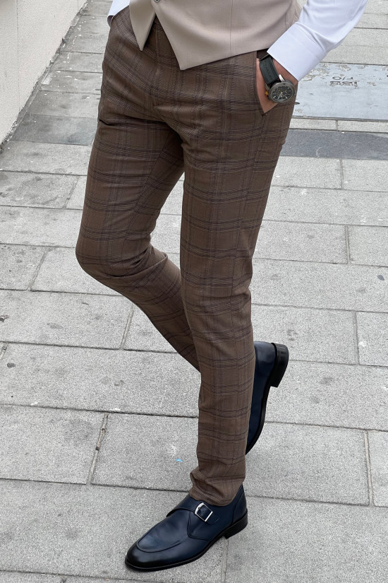 Yüksek Kalite Dar Kesim Yan Cep Ekose Erkek Kahverengi Kumaş Pantolon