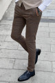 Yüksek Kalite Dar Kesim Yan Cep Ekose Erkek Kahverengi Kumaş Pantolon