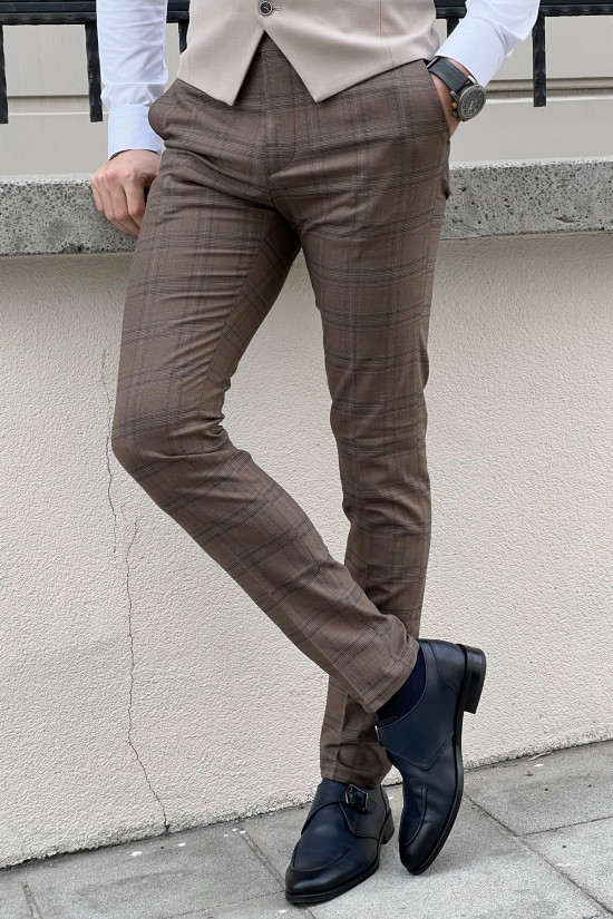 Yüksek Kalite Dar Kesim Yan Cep Ekose Erkek Kahverengi Kumaş Pantolon
