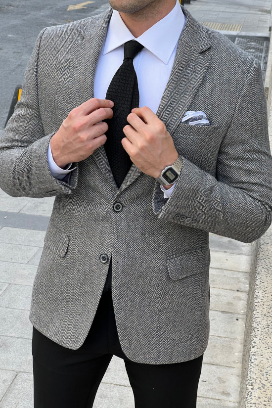 Nazef Dar Kesim Balık Sırtı Mono Yaka Kışlık Erkek Yün Gri Ceket