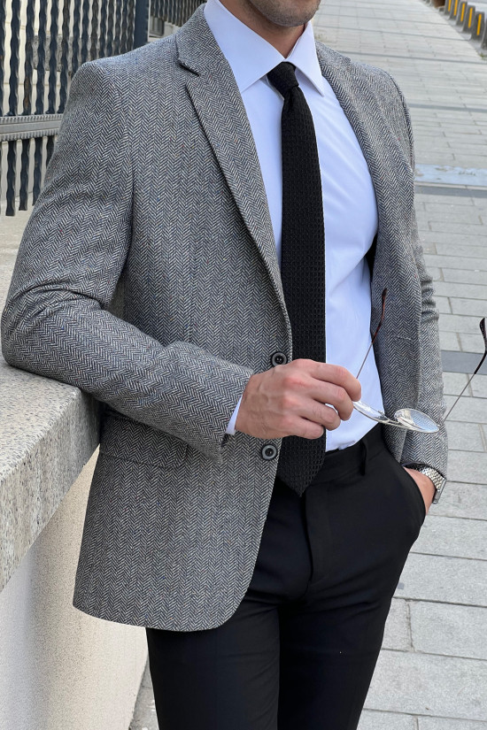 Nazef Dar Kesim Balık Sırtı Mono Yaka Kışlık Erkek Yün Gri Ceket