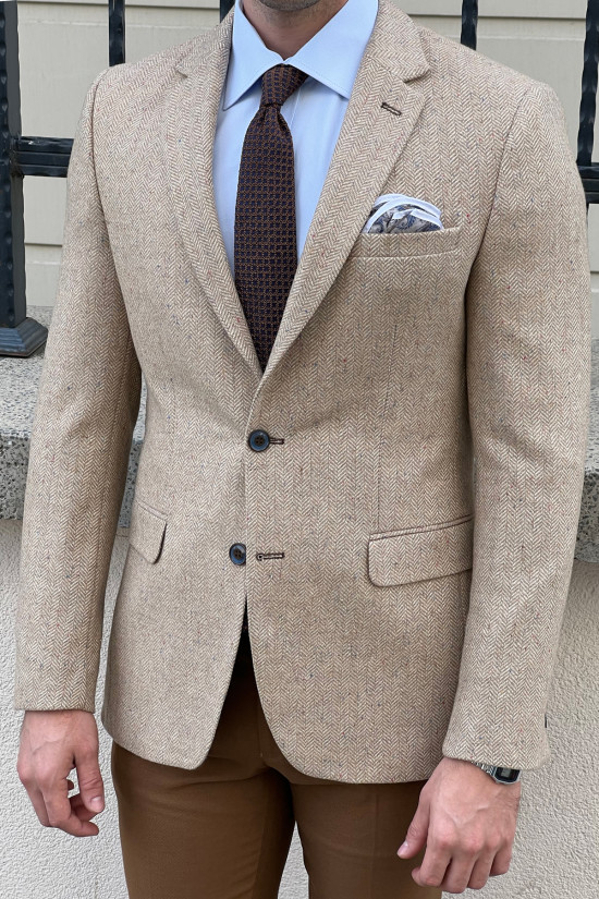 Nazef Dar Kesim Balık Sırtı Mono Yaka Kışlık Erkek Yün Bej Ceket