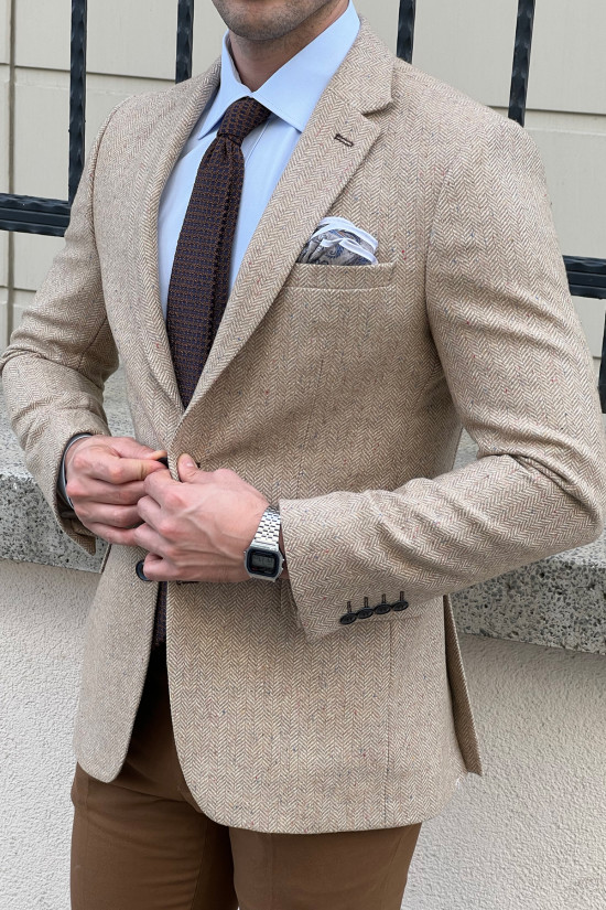 Nazef Dar Kesim Balık Sırtı Mono Yaka Kışlık Erkek Yün Bej Ceket