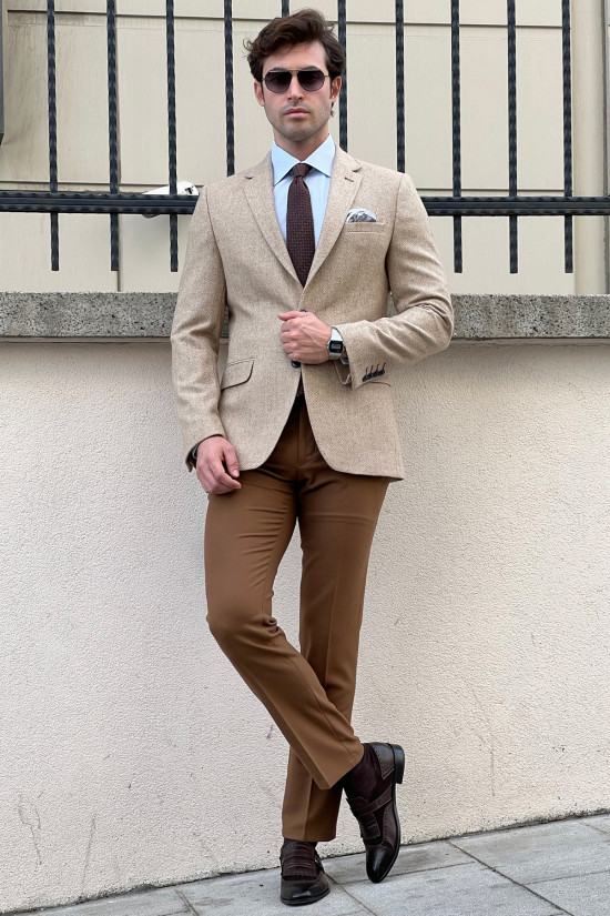 Nazef Dar Kesim Balık Sırtı Mono Yaka Kışlık Erkek Yün Bej Ceket