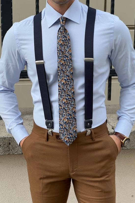 Nazef Dar Kesim Özel Üretim Klasik Kravat Yaka Mavi Pamuk Gömlek 