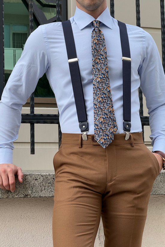 Nazef Dar Kesim Özel Üretim Klasik Kravat Yaka Mavi Pamuk Gömlek 