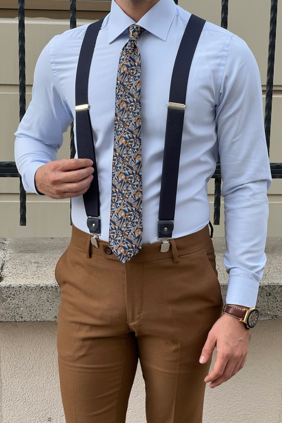 Nazef Dar Kesim Özel Üretim Klasik Kravat Yaka Mavi Pamuk Gömlek 