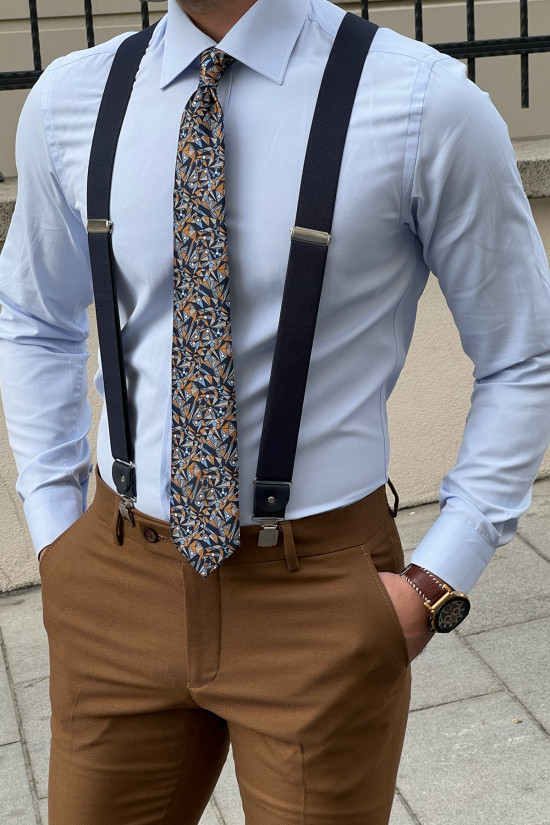 Nazef Dar Kesim Özel Üretim Klasik Kravat Yaka Mavi Pamuk Gömlek 