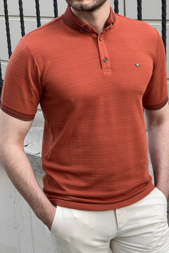 Nazef Dar Kesim Yeni Nesil Düğme Yaka Kiremit T-shirt
