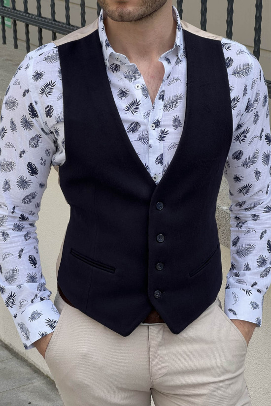 Nazef Dar Kesim Lacivert Yün Yelek