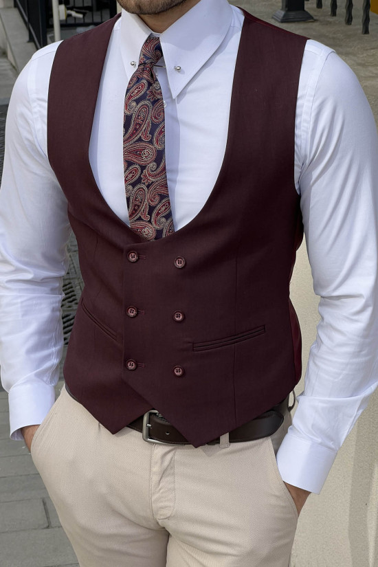 Nazef Dar Kesim Bordo Kruvaze Yün Yelek