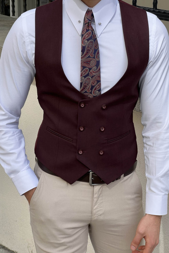 Nazef Dar Kesim Bordo Kruvaze Yün Yelek