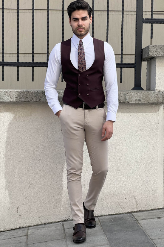 Nazef Dar Kesim Bordo Kruvaze Yün Yelek