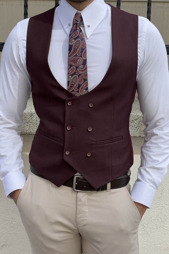 Nazef Dar Kesim Bordo Kruvaze Yün Yelek