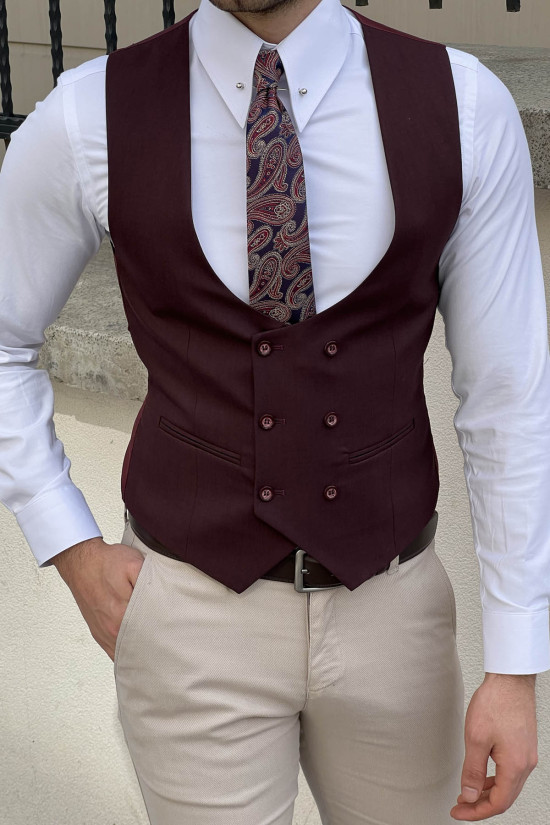 Nazef Dar Kesim Bordo Kruvaze Yün Yelek