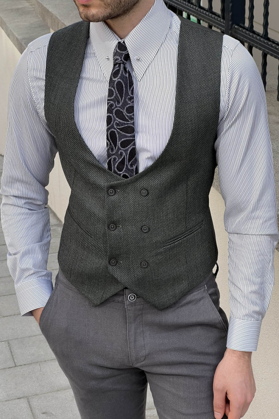 Nazef Dar Kesim Yeşil Kruvaze Yün Yelek