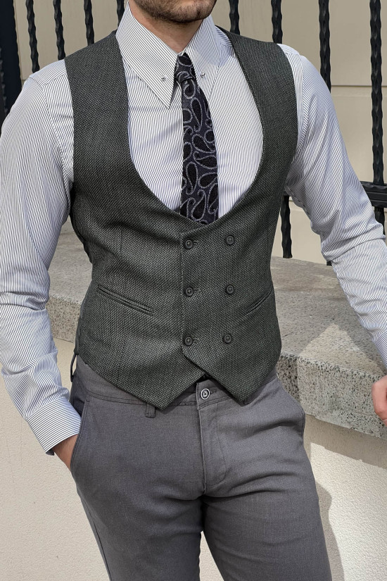 Nazef Dar Kesim Yeşil Kruvaze Yün Yelek