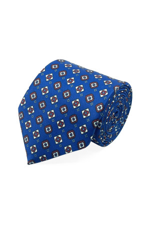 Nazef Handmade Patterned Italian Microfiber Blue Tie and Handkerchief