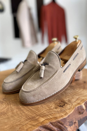 Nazef Neolit Taban Püsküllü Süet Deri Bej Loafer Ayakkabı