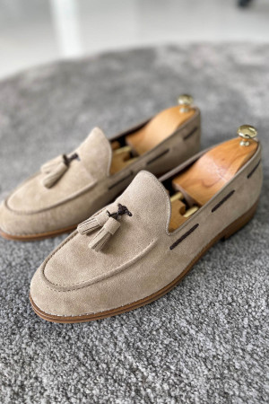 Nazef Neolit Taban Püsküllü Süet Deri Bej Loafer Ayakkabı